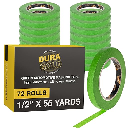 Dura-Gold Green Automotive Masking Tape 1/2 Inch (12mm x 55 Yards), Case of 72 Rolls - Premium High-Performance, Heat Resistant - Auto Refinish Painting, Car Detailing, Autobody Repair, Painters Tape