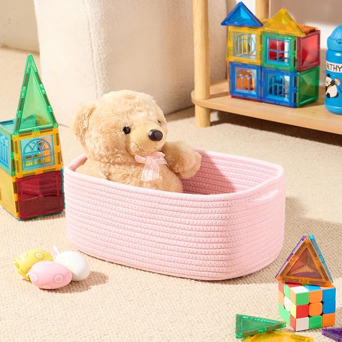 Small Storage Baskets for Organizing | Closet Organizer Bins | Shelf Toy Basket | Woven Rope Baskets | Cube Decorative Box | Shallow Basket | 13x8.5x5.1” | 3 Packs Light Pink