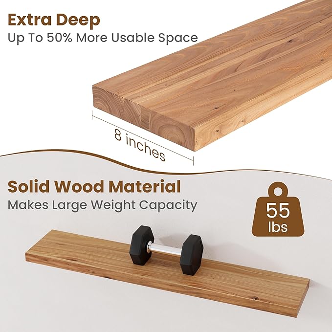 Floating Shelves for Wall Decor, 8" Deep Rustic Solid Elm Wood Floating Shelves Wall Mounted, Wall Shelves with Invisible Bracket for Living Room Bathroom Bedroom Kitchen, 40 Inch Set of 1, Natural