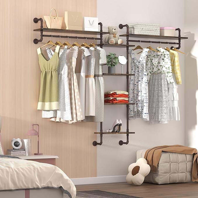 Helsin 5-Tiers 74inch Large Rustic Industrial Pipe Floating Shelving, Wall Mounted Heavy Duty Clothes Rack with Double Hanging Rods Display Storage Rack for Bedroom Organization & Home Décor