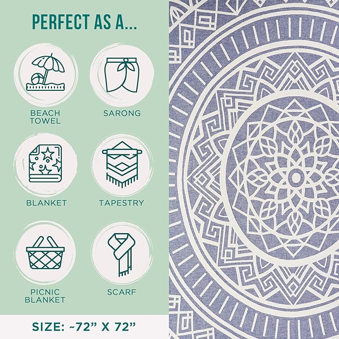 Sand Cloud Extra Large Turkish Beach Towel - Sand Free - 100% Organic Turkish Cotton Yarn - Quick Dry Towel for Beach, Picnic, Blanket or Bath - As Seen on Shark Tank - Cool Glacier (Navy)