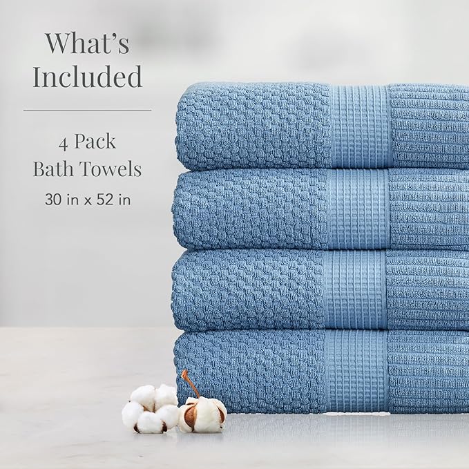 NY Loft 100% Cotton Bath Towel 4 Pack | Super Soft & Absorbent Quick-Dry Bath Towels 30" x 52" |Textured and Durable Cotton | Trinity Collection (4 Pack Bath Towel, Blue Shadow)