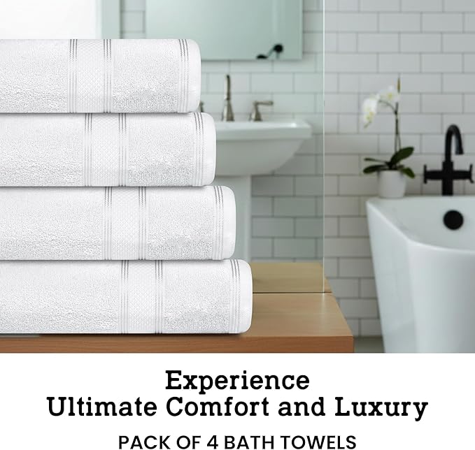 Casa Lino White Bath Towels Set of 4 (54" x 27") - Large Bathroom Towel Set - 100% Cotton Towels for Bathroom - Highly Absorbent & Quick Dry Bath Towel Multipack - New Apartment Essentials