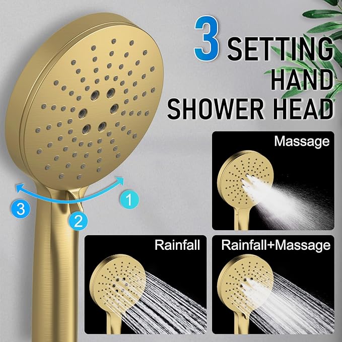 Iriber Thermostatic Shower System Wall Mount with 10 Inch Roud Rainfall Shower Head and Handheld,Shower Faucet Mixer Trim Kit (Valve Included),Brushed Gold
