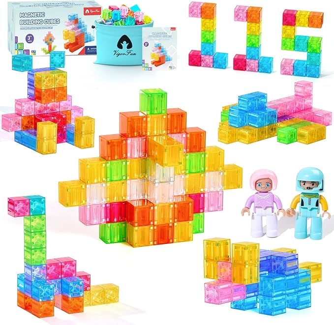 VigorFun Magnetic Blocks Set, Magnet Building Blocks with Toy Figurine and Storage Bag for Kids Gifts, STEM Educational Preschool Sensory Toys for Toddlers Boys Girls Ages 3-12(Transparent)