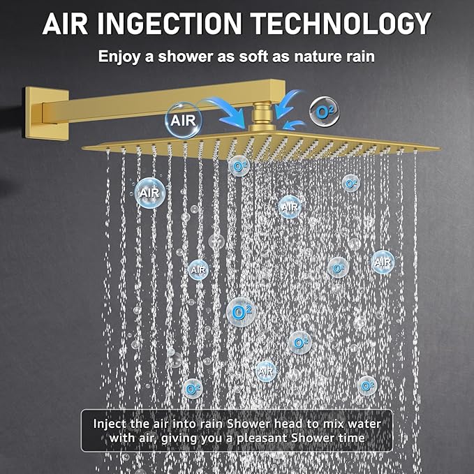 Iriber Brushed Gold Rain Shower System with 12 Inch Shower Head and Handheld shower Bathroom Wall Mounted Golden Shower Set Contain Shower Faucet Mixer Valve and Trim Kit (Valve Cartridge Included)