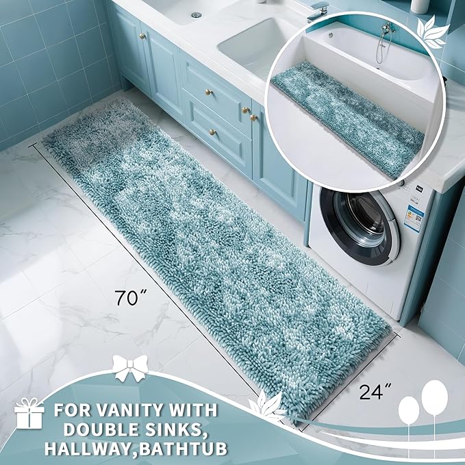 Yimobra Long Bathroom Rugs Runner 70x24 Inch, Extra Thick Soft Absorbent Chenille Bath Mat, Non Slip Machine Washable, Quick Dry Bath Rugs for Bathroom Floor, Tub and Shower, Greyish Blue