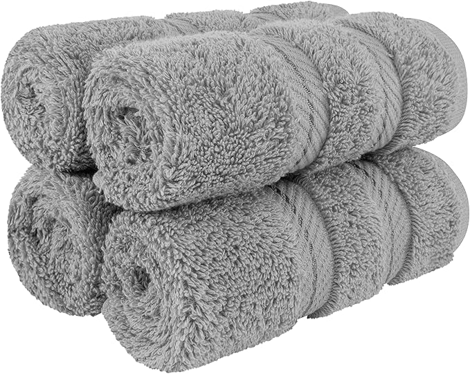 American Soft Linen Luxury Washcloths for Bathroom, 600 GSM 100% Cotton 4 Piece Turkish Wash Cloth Set, 13x13 in Soft Rags for Body and Face, Light Grey Washcloths