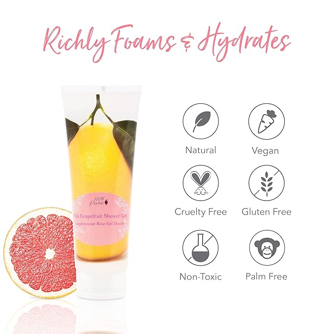 100% PURE Pink Grapefruit Shower Gel Natural Foaming & Hydrating Body Wash - Deeply Moisturizing Gentle Soap Cleanser for All Skin Types, Even Sensitive - Gluten-Free - 8 Fl Oz