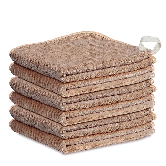 Nugilla Makeup Remover Cloth 12 x 12 Inch, Reusable Makeup Remover Towels for Washing Face, 6 Pack Washable Microfiber Face Cloth Fast Drying Washcloth, Brown