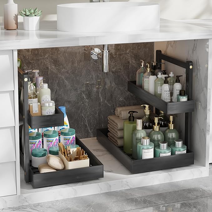 Bamboo Under Sink Organizer and Storage, 2 Tier Pull Out Cabinet Organizer, Slide Out Under Sink Storage Shelf, Undersink Organizers Shelves for Kitchen Bathroom Organization (Black, 2 Packs)