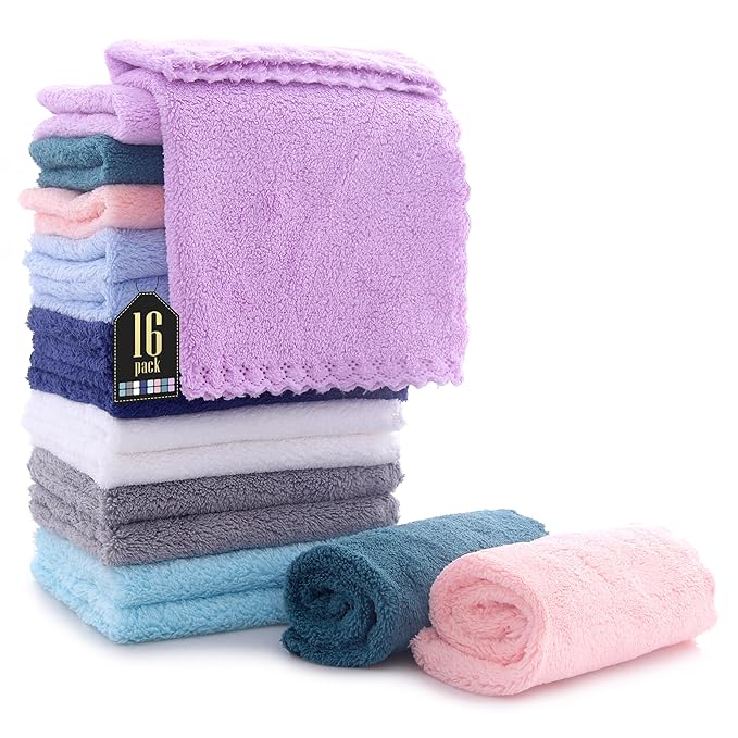 16 Pack Baby Washcloths - Luxury Multicolor Coral Fleece - Extra Absorbent and Soft Wash Clothes for Newborns, Infants and Toddlers - Suitable for Sensitive Skin and New Born - Baby Shower, 10x10 Inch