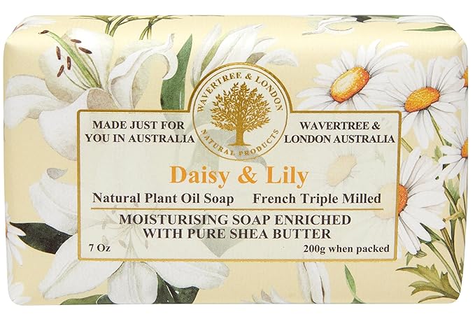Wavertree & London Daisy & Lily Scented Natural Soap (2 Bars), 7oz Moisturizing French Triple Milled Soap Bars enriched with shea butter - Pure Plant Based Bath & Body Bars for All Skin Types
