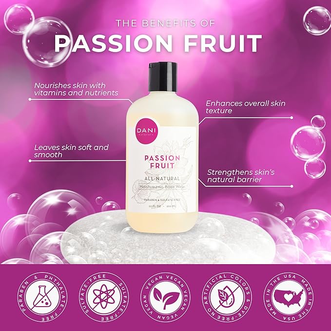 DANI Naturals Moisturizing Body Wash - Sweet Passion Fruit Scent with Organic Aloe Vera & Natural Glycerin - Sulfate & Paraben-Free Shower Gel - 12 oz - Vegan & Cruelty-Free