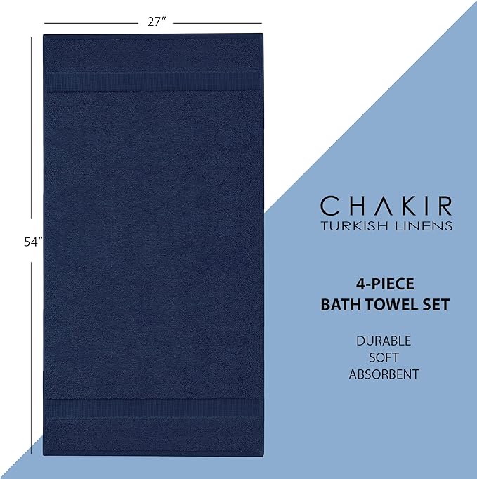 Chakir Turkish Linens | Hotel & Spa Quality 100% Cotton Premium Turkish Towels | Soft & Absorbent (4-Piece Bath Towels, Navy)