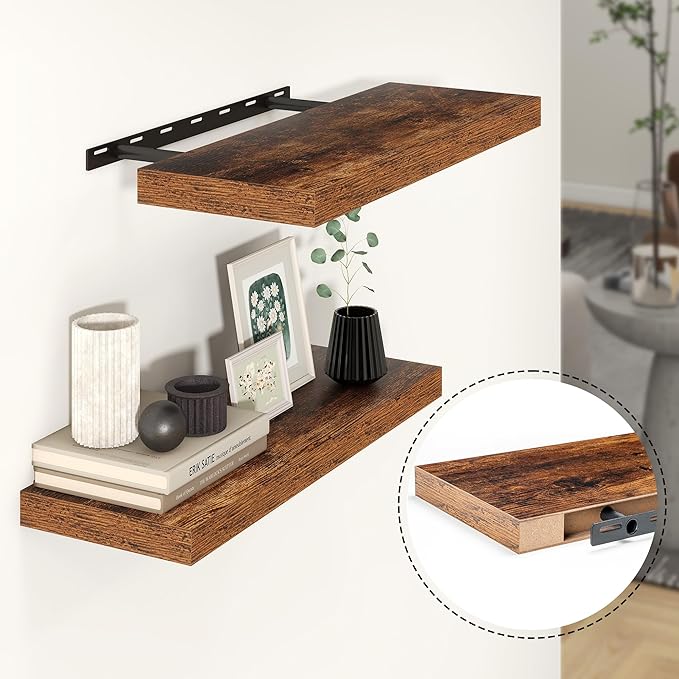 Heimlove 24 inch Floating Shelves for Wall,9.3 inch deep Brown Bathroom Over Toilet Shelf,Wall Mounted Rustic Wood Shelves for,Bedroom,Living Room,Kitchen,Office Decor Set of 2-Brown