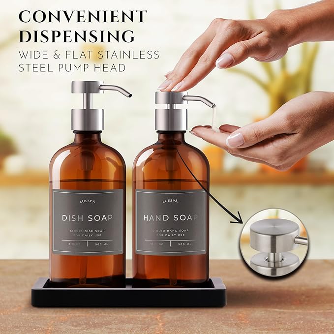 Lotion, Hand & Dish Soap Dispenser for Kitchen Sink - Bathroom Soap Dispenser Set of 2 16.8 Oz Glass Bottles with Stainless Steel Pump, 15 Water Proof Labels & Silicon Tray (Amber/Silver)