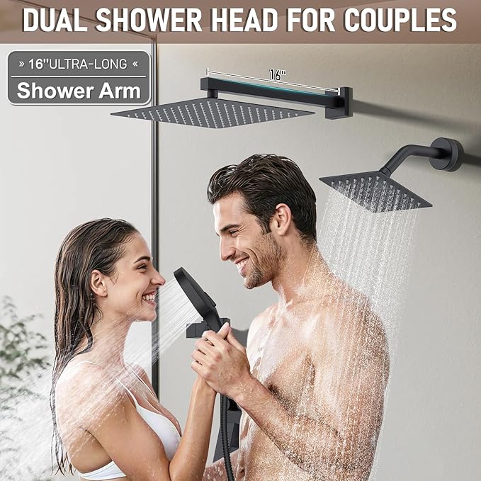 Shower Faucet Set Matte Black Shower System, Push Button Diverter 3-Way Shower Valve Kit, Wall Mount 12 Inch Overhead Shower Head with 6 Inch Side Spray Shower Head, 4 Modes Flow Handheld Shower