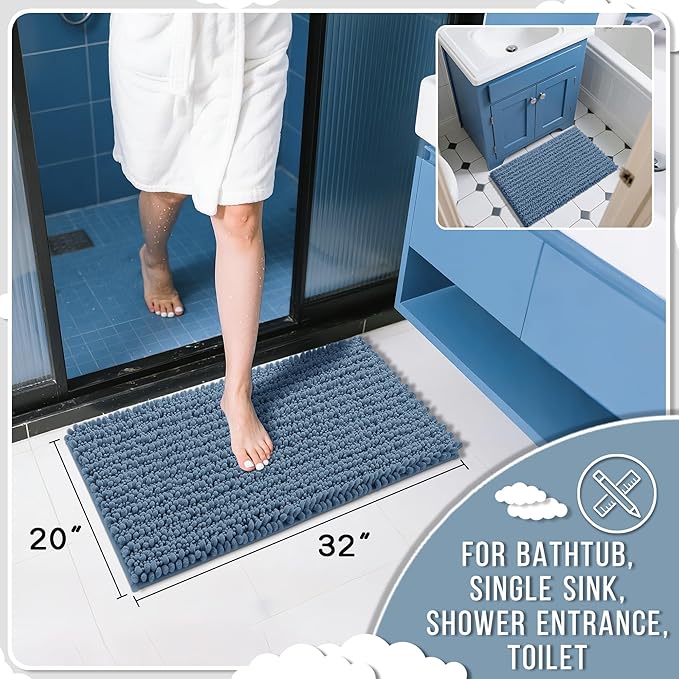 Yimobra Bathroom Rugs Non Slip Washable 32x20 Inch - Ultra Soft Absorbent Chenille Bath Mat, Quick Dry Shaggy Floor Carpet for Tub Shower, Denim Blue Home Decor Accessories