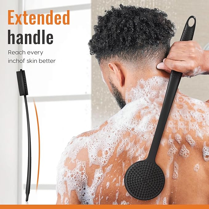 Silicone Back Scrubber for Shower, 17in Lengthen Long Handle Body Brush, Double Sided Shower Brush for Shower Exfoliating and Massage Can Produce Rich Foam, Long Handle Back Scrubber for Men