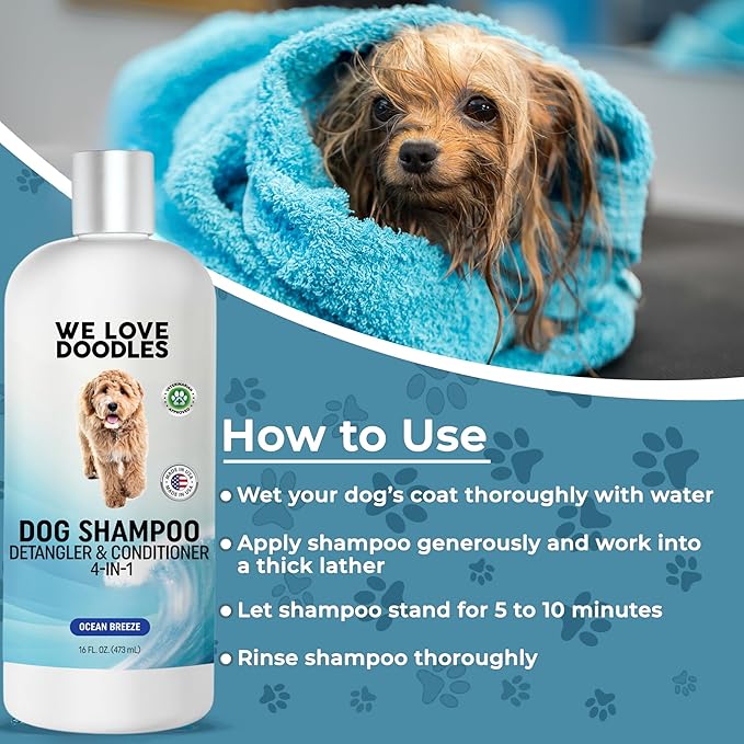 Dog Shampoo, Conditioner & Detangler - Best Shampoo for Goldendoodles, Poodles & Doodles - for Matted Pet Hair - Sensitive Skin Shampoo for Puppies - Made in The USA, 16OZ (Ocean Breeze)