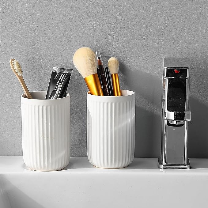 White Toothbrush Holders for Bathrooms - 1 Cups Ceramic Toothbrush Toothpaste Holders, White Bathroom Tumbler Cups Reusable Toothbrush Mouthwash Cup, Bathroom Counter Organizer.