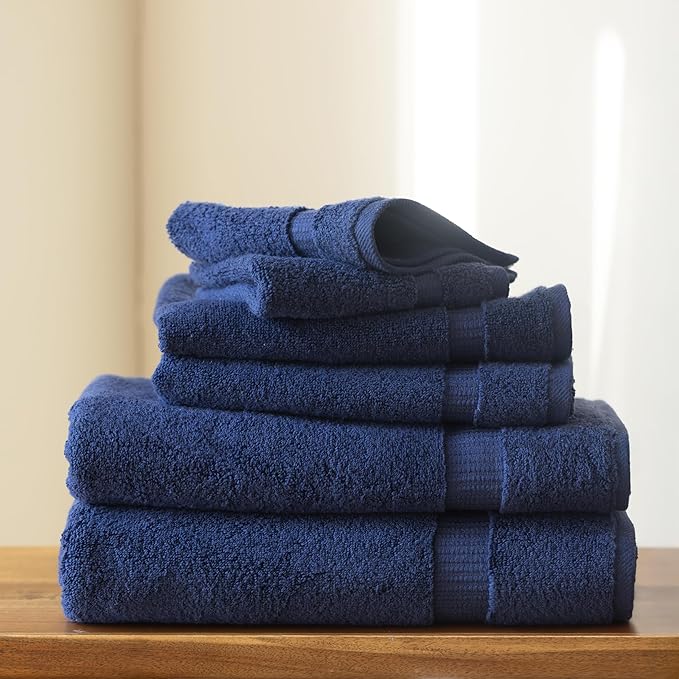SALBAKOS - Luxury 6 Piece Towel Set, 100% Turkish Cotton, Quick Drying, Highly Absorbent & Comfy, Includes 2 Bath Towels, 2 Hand Towels & 2 Washcloths | (Navy)