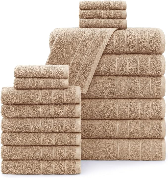 Casa Platino 100% Mercerized Cotton Bathroom Towel Set - 18 Pcs - Ring Spun, Super Soft & Highly Absorbent - 6 Large Bath Towels, 6 Washcloths, 6 Hand Towels - Wide Variety of Colours - Beige