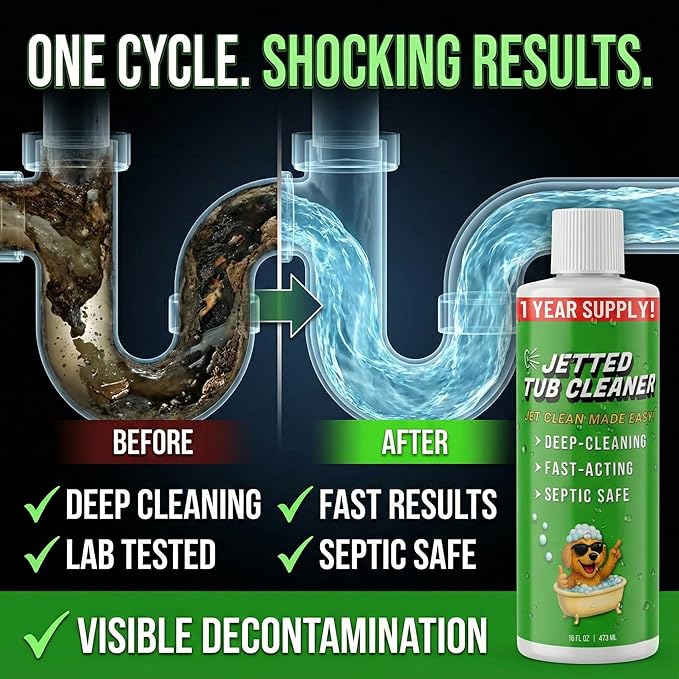 Jetted Tub Cleaner for Whirlpool & Jacuzzi Baths – Deep Jet Line & Pipe Flush Formula Removes Yuck, Buildup & Residue – Heavy Duty Bathtub Jet Cleaner for Acrylic & Fiberglass Tubs – Made in USA