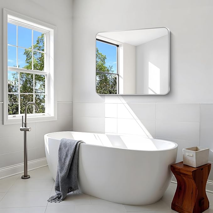 BONEWEI Silver Bathroom Mirror,30x36 inch Wall Mirror for Bathroom Wall Mounted,Rectangle Mirror for Bathroom Over Sink,Modern Frame Round Corner for Living Room,Bedroom Entryway,Horizontal/Vertical