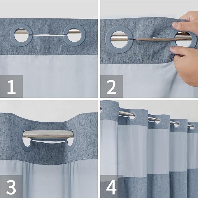 Long No Hooks Needed Linen Textured Shower Curtain with Snap-in Fabric Liner Set,Blue Grey Hotel Luxury Decor Shower Curtains for Bathroom,Waterproof & Washable,71Wx80H