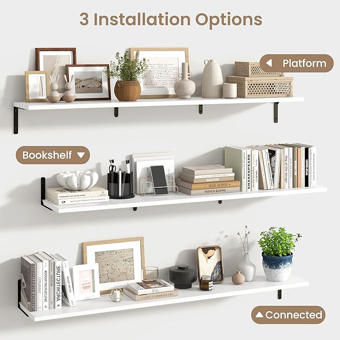 Fun Memories Deep Floating Shelves, 55W x 8D Floating Shelves Set of 2, Wall Mounted Shelf with Metal Brackets, Rustic Wood Wall Shelf for Bathroom, Kitchen and Living Room, White