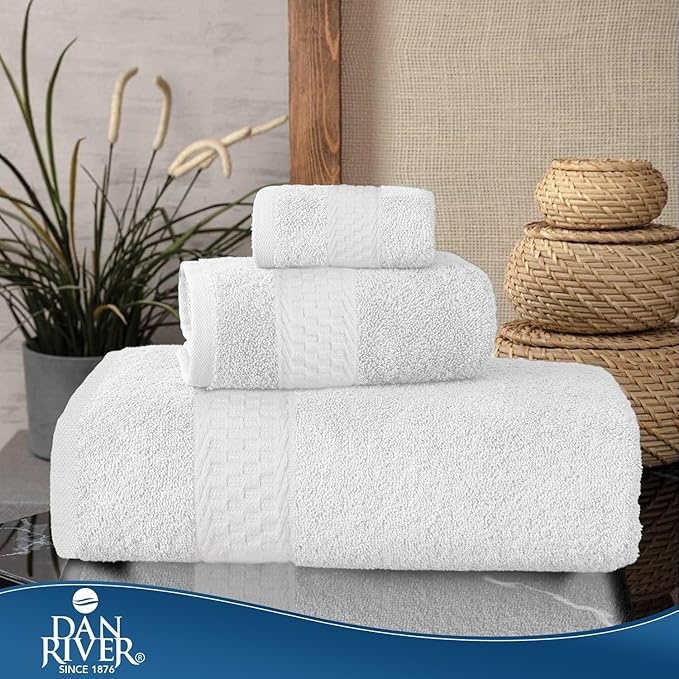DAN RIVER 100% Ring Spun Cotton 3-Piece Towel Set, White, Bath Towel, Hand Towel and Washcloths, 550 GSM - Soft, Absorbent Quick Dry Cotton Towels for Bathroom, Spa, and Gym