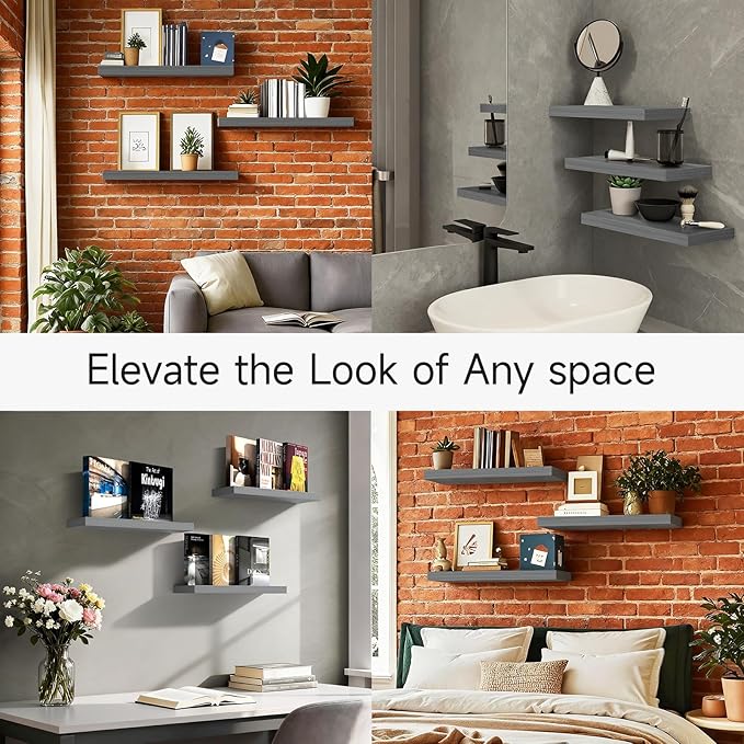 BAYKA Grey Floating Shelves for Wall, Wall Mounted Rustic Wood Shelves for Bathroom, Bedroom, Living Room, Kitchen,Small Hanging Shelf for Books/Storage/Room Decor (Set of 3, 15.7in)