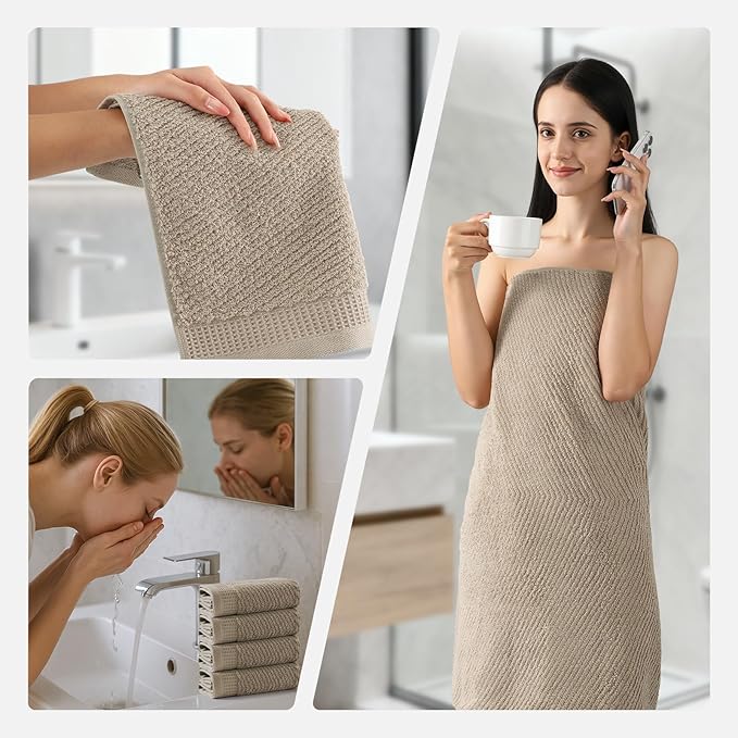 REDKISS 8-Piece Premium Towel Set, 2 Bath Towels, 2 Hand Towels, 4 Washcloths, 100% Cotton, Quick Dry, Highly Absorbent Towels for Bathroom, Gym, Hotel, Spa, Dark Coffee