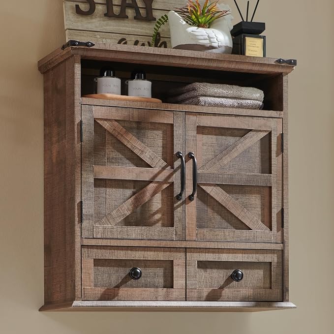 ACCOHOHO Bathroom Wall Cabinet, Farmhouse 24" Wide Medicine Cabinet with Drawer, Adjustable Shelf, Double Barn Doors, Storage Cabinets for Bathroom, Kitchen, Living Room, Rustic Brown