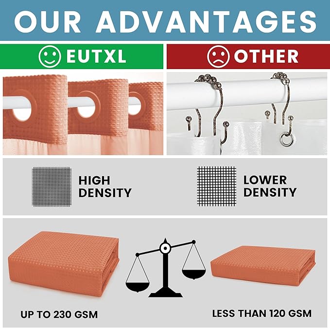 Coral Hotel Shower Curtain with Detachable Liner - 230GSM Waffle Textured,Hotel Grade,Spa Like Bath Curtain,71W x 74H