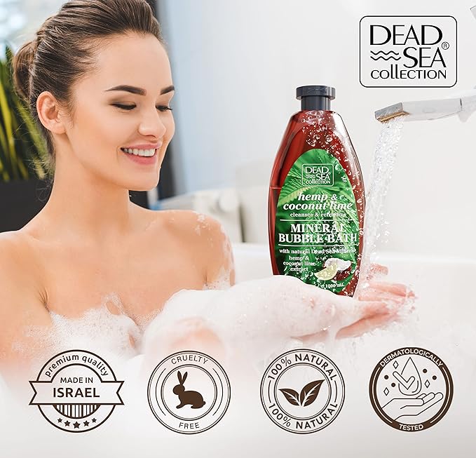 Dead Sea Collection Bubble Bath with Hemp & Coconut Lime for Women and Men – Pure Dead Sea Minerals - Relaxing Foaming Bath - Nourishing and Moisturizes Skin - Pack of 2 (67.6 fl.oz)
