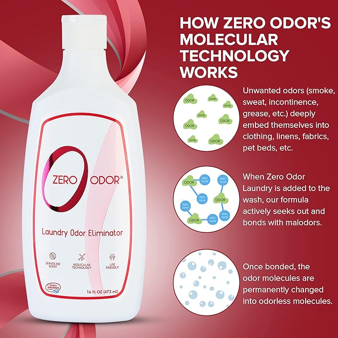 Zero Odor – Laundry Odor Eliminator - Permanently Eliminate laundry Odor – Patented Molecular Technology Best For Clothes, Towels & Linens, Shoes, Bags, Etc. - rinse and refresh Again, 16oz