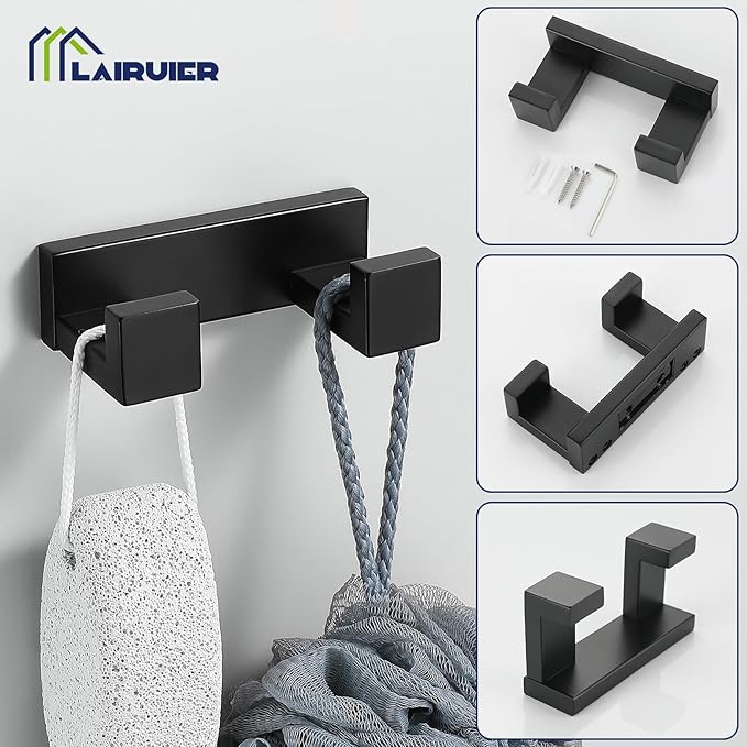 Lairuier 4-Piece Bath Towel Bar Set, Matte Black Bathroom Hardware Set Including Towel Bar,Towel Holder, Toilet Paper Holder, Towel Hook,Stainless Steel Bathroom Hardware Accessories Set