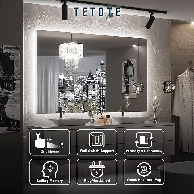 TETOTE 48 x 30 Inch LED Mirror Backlit Bathroom,Anti-Fog Mirror with Light,Dimmable,CRI90+,IP54 Water Proof,Wall Mounted Vanity Lighted Mirror,Horizontal/Vertical