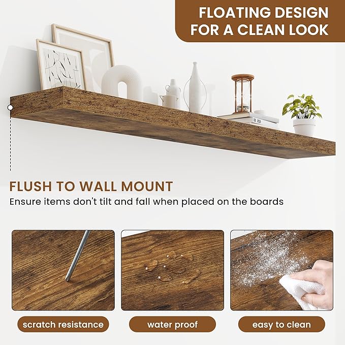 fuqing Floating Shelves for Wall, Wall Mounted Wood Floating Shelf with Invisible Brackets for Living Room, Bathroom, Bedroom, Kitchen Storage and Decor, 55 Inch Set of 2, Rustic Brown