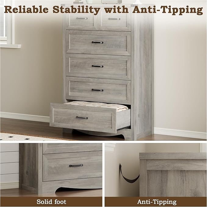 Tall 6-Drawer Dresser for Bedroom, Modern Wooden Chest of Drawers with Metal Handles, Anti-Tipping Design, Sturdy and Stable Storage Organizer for Living Room, Entryway, Home Office