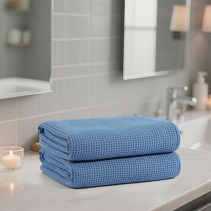 POLYTE 380 GSM Microfiber Oversize Quick Dry Lint Free Waffle Bath Towel for Body, 60 x 30 in, Set of 2