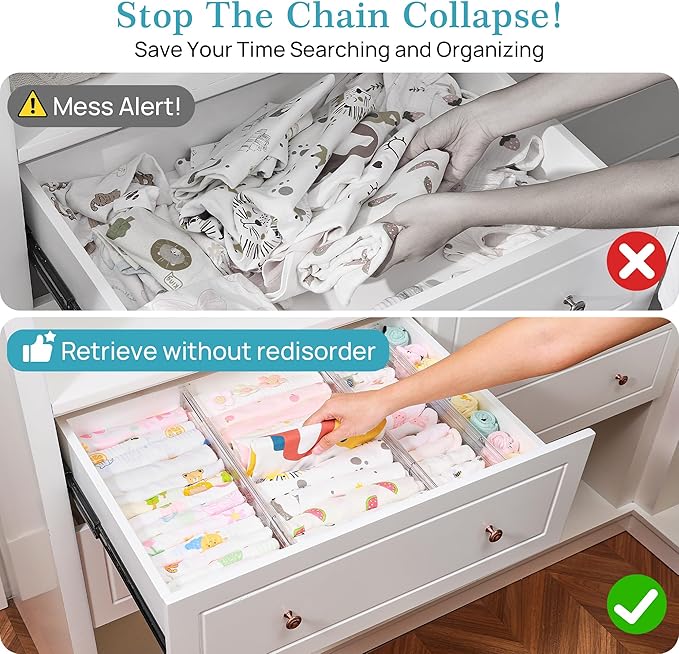 Vtopmart 8 Pack 4" Regular Upgrade Drawer Dividers for Clothes, 12.8"-22.3" Expandable Dresser Drawer Organizer, Clear Plastic Separators for Dresser, Baby Clothing, Underwear, Cosmetic, Toiletries