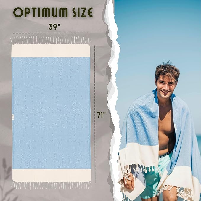 Bazaar Anatolia Turkish Beach Towel 100% Cotton Bath Towels 71x39 Quick Dry Sand Free Lightweight Large Oversized Herringbone Turquoise