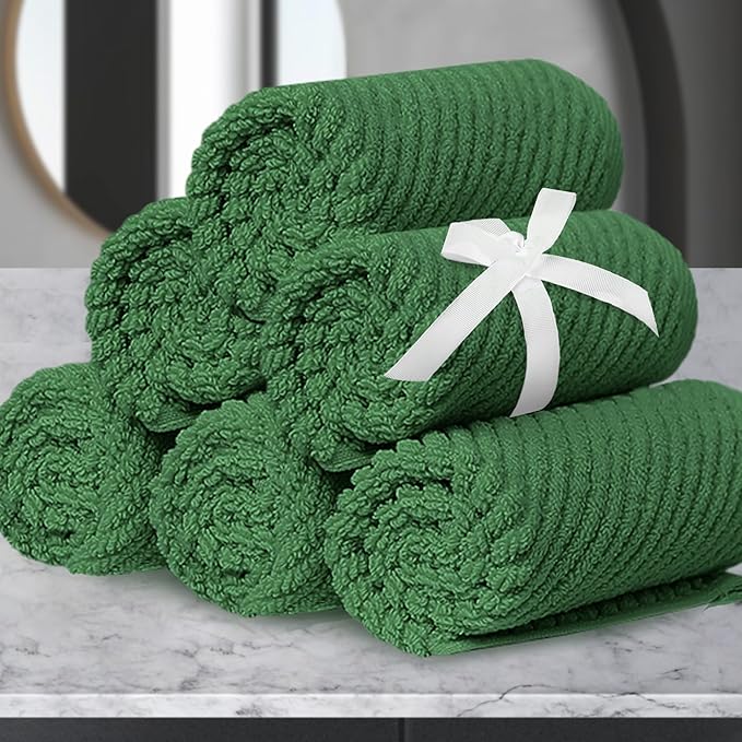 VOOVA & MOVAS Green Washcloths, 6PC Hand Towels 13" x13" - 100% Cotton | Thick | Quick Dry | Lightweight, Wash Cloths for Your Face, Bathroom Essentials, Hunter Green
