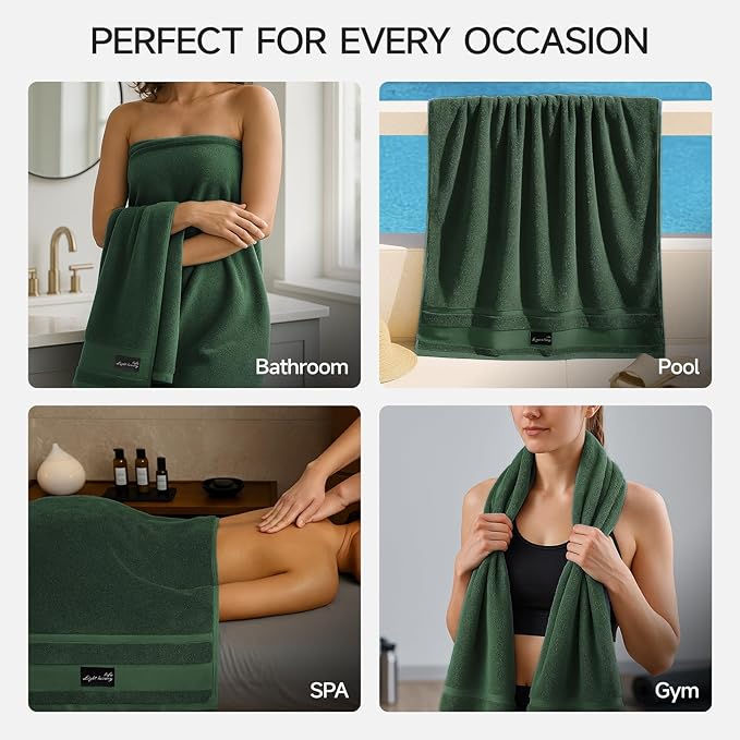 REDKISS Large Bath Towels Set 2 Piece, 100% Cotton, 31x63 in,Heavyweight 760GSM, Highly Absorbent & Quick Dry, Super Soft Luxury Towels for Bathroom,Hotel Collection - Green
