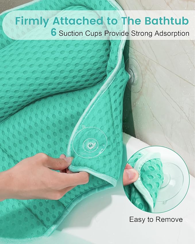 Bath Pillow, Bath Pillows for Tub Neck and Back Support, Soft 4D Air Mesh Bathtub Pillow 16.5 x 17.3 INCH, with 6 Powerful Suction Cups, Bath Accessories Relaxing Gifts for Women (Lake Blue)