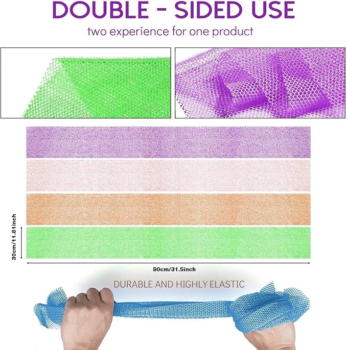 UJFQBH 4 Pieces African Net Sponge African Net Long Net Bath Sponge Exfoliating Shower Body Scrubber Back Scrubber Skin Smoother,Great for Daily Use (Purple, Orange, Green, Pink)